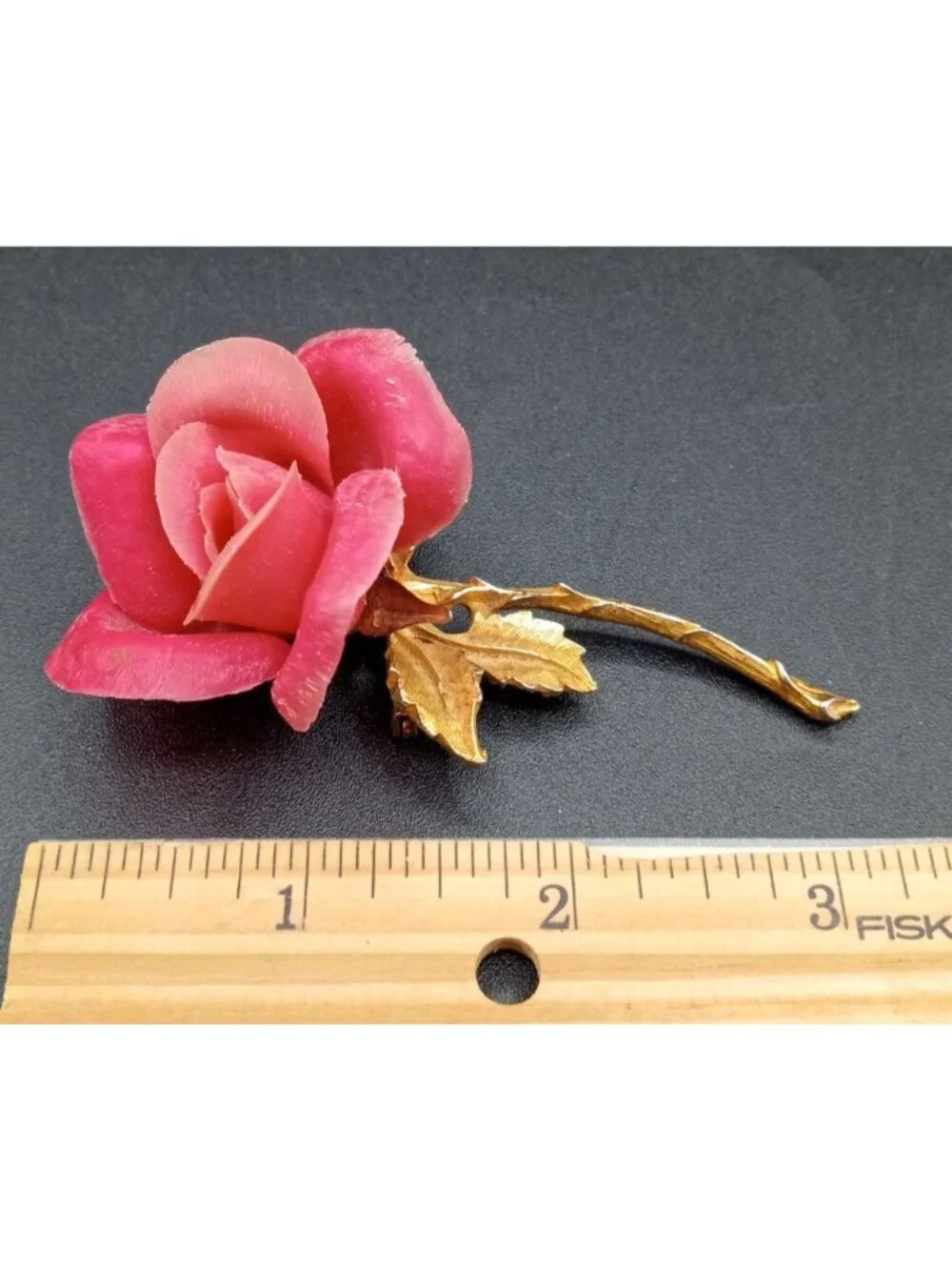 Vintage Pink Rose Brooch Pin Gold Tone Stem Leaves Signed BARI 3.25